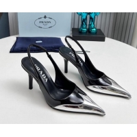 Buy Luxury Prada Slingback Pumps 8.5cm in Brushed Leather and Silver-Tone Glazed TPU Black 1227069