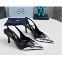 Perfect Prada Slingback Pumps 8.5cm in Calf Leather and Silver-Tone Glazed TPU 1227070