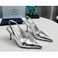 Pretty Style Prada Slingback Pumps 8.5cm in Brushed and Silver-Tone Glazed TPU Silver 1227071