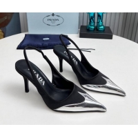 Grade Quality Prada Slingback Pumps 8.5cm in Satin and Silver-Tone Glazed TPU Black 1227072