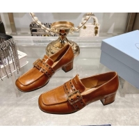 Low Price Prada Leather Loafers with Openwork Band Tan Brown 1227084