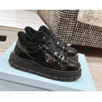 Stylish Prada Brushed Leather and Shearling Mid-top Platform Sneakers Black 1227105