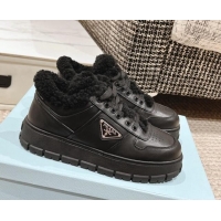 Sophisticated Prada Calf Leather and Shearling Mid-top Platform Sneakers Black 1227106