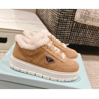 Duplicate Prada Suede and Shearling Mid-top Platform Sneakers Light Brown 1227107