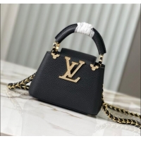 Top Grade Louis Vuitton Capucines Nano Bag with Strass Hardware in Black Taurillon Leather M24583 2025