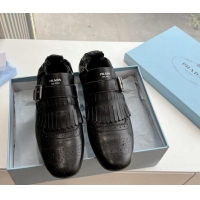 Low Cost Prada Openwork Leather elasticized loafers with Fringe Black 1227134