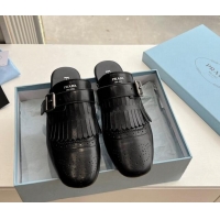 Hot Style Prada Openwork Leather elasticized mules with Fringe Black 1227139