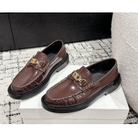 Feminine Celine Universite Triomphe Chain Loafers in Polished Leather Dark Brown 1223084