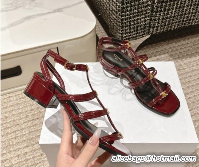 Grade Quality Celine Clemence Multi Triomphe Heel Sandals 4cm in Patent Leather Burgundy 223087