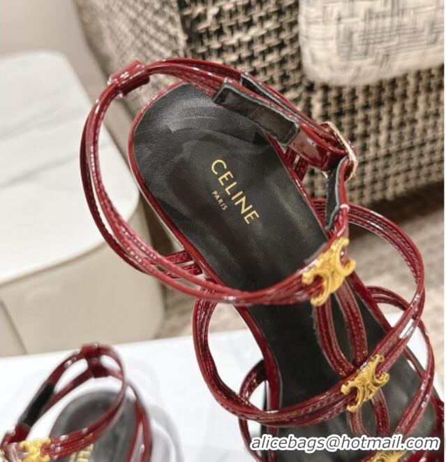 Grade Quality Celine Clemence Multi Triomphe Heel Sandals 4cm in Patent Leather Burgundy 223087