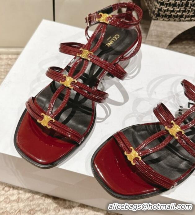 Grade Quality Celine Clemence Multi Triomphe Heel Sandals 4cm in Patent Leather Burgundy 223087