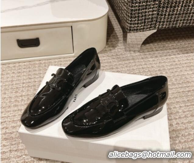 Unique Style Celine One-to-One Triomphe Logo Flat Loafers in Patent Leather Black 223093