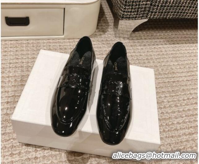 Unique Style Celine One-to-One Triomphe Logo Flat Loafers in Patent Leather Black 223093