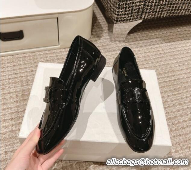 Unique Style Celine One-to-One Triomphe Logo Flat Loafers in Patent Leather Black 223093