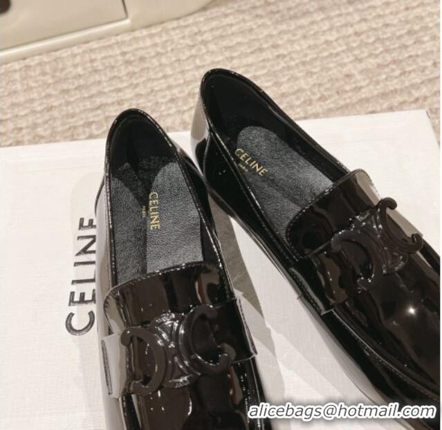 Unique Style Celine One-to-One Triomphe Logo Flat Loafers in Patent Leather Black 223093