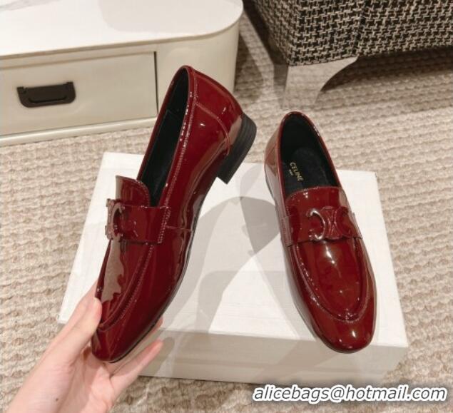 Luxurious Celine One-to-One Triomphe Logo Flat Loafers in Patent Leather Burgundy 1223094