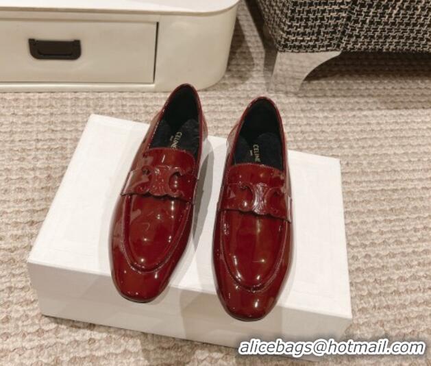 Luxurious Celine One-to-One Triomphe Logo Flat Loafers in Patent Leather Burgundy 1223094