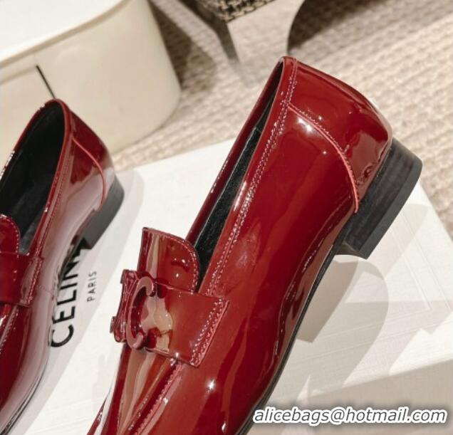 Luxurious Celine One-to-One Triomphe Logo Flat Loafers in Patent Leather Burgundy 1223094