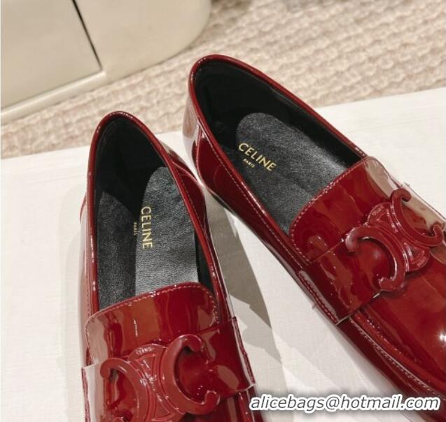 Luxurious Celine One-to-One Triomphe Logo Flat Loafers in Patent Leather Burgundy 1223094