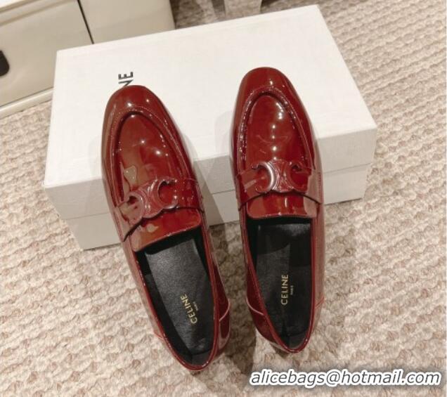 Luxurious Celine One-to-One Triomphe Logo Flat Loafers in Patent Leather Burgundy 1223094