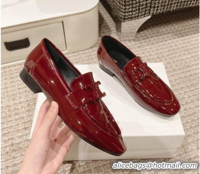 Luxurious Celine One-to-One Triomphe Logo Flat Loafers in Patent Leather Burgundy 1223094