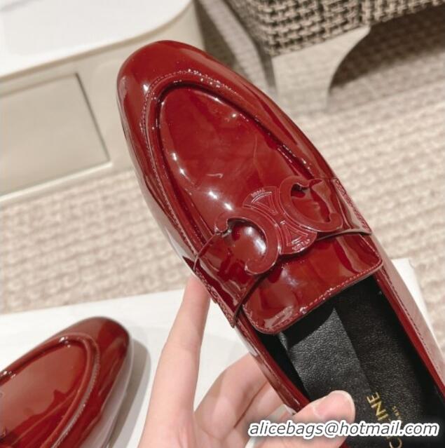 Luxurious Celine One-to-One Triomphe Logo Flat Loafers in Patent Leather Burgundy 1223094