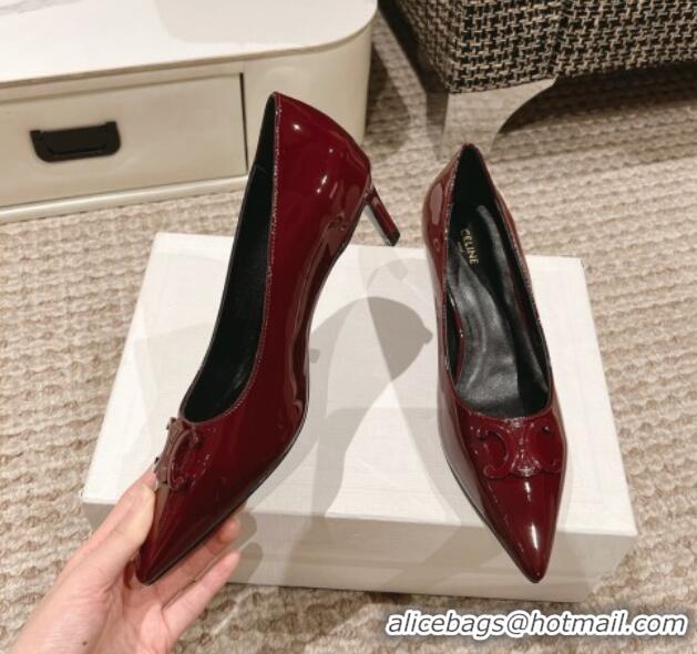 Pretty Style Celine Alma Triomphe Low-Heel Pumps 5cm in Patent Leather Burgundy 1223103