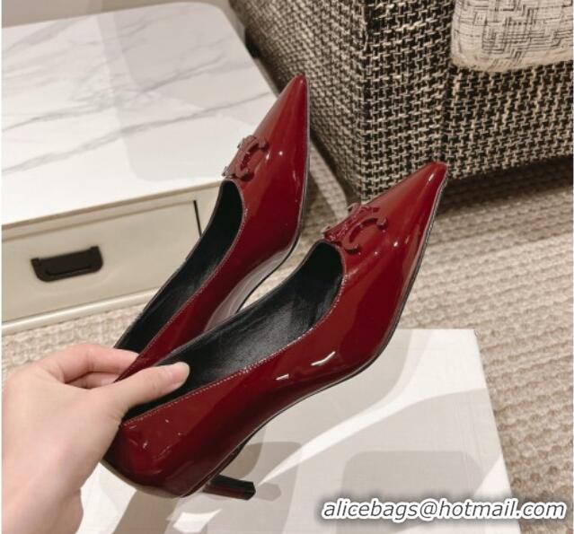 Pretty Style Celine Alma Triomphe Low-Heel Pumps 5cm in Patent Leather Burgundy 1223103