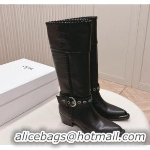 Cheap Price Celine Calfskin High Boots 4.5cm with Buckle and Braided Trim Black 223102