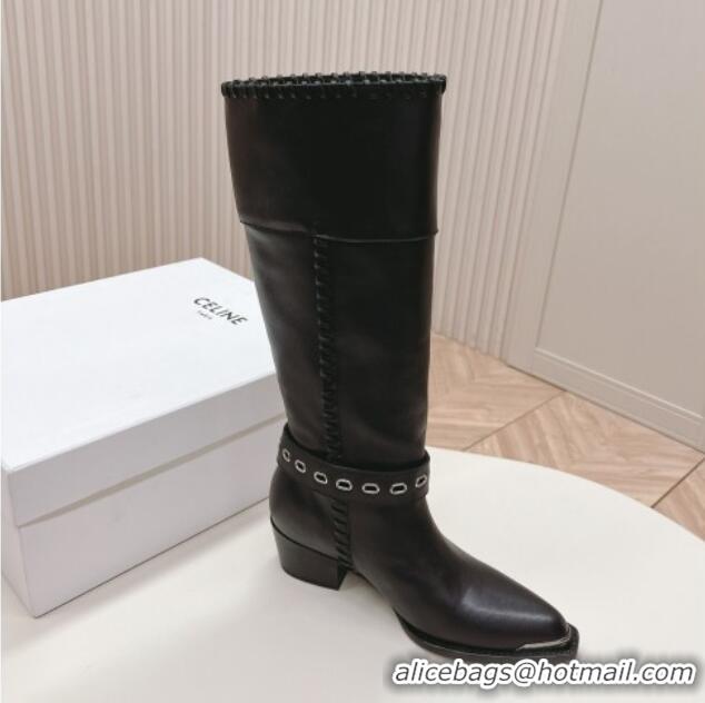 Cheap Price Celine Calfskin High Boots 4.5cm with Buckle and Braided Trim Black 223102