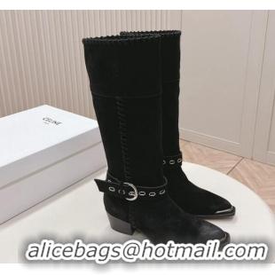 Good Looking Celine Suede High Boots 4.5cm with Buckle and Braided Trim Black 1223103