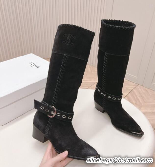 Good Looking Celine Suede High Boots 4.5cm with Buckle and Braided Trim Black 1223103