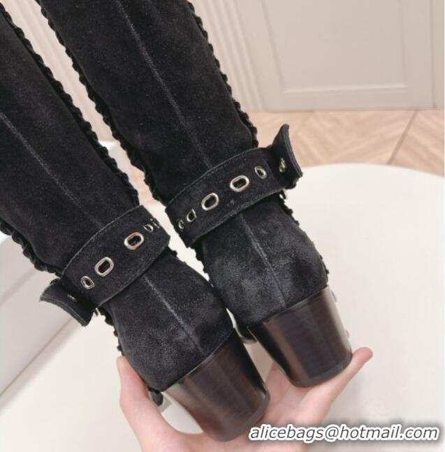 Good Looking Celine Suede High Boots 4.5cm with Buckle and Braided Trim Black 1223103