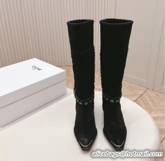 Good Looking Celine Suede High Boots 4.5cm with Buckle and Braided Trim Black 1223103