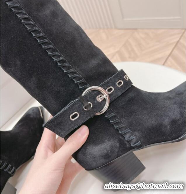 Good Looking Celine Suede High Boots 4.5cm with Buckle and Braided Trim Black 1223103