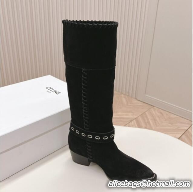 Good Looking Celine Suede High Boots 4.5cm with Buckle and Braided Trim Black 1223103