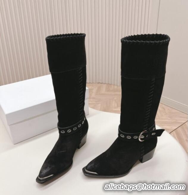 Good Looking Celine Suede High Boots 4.5cm with Buckle and Braided Trim Black 1223103