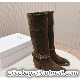 Best Grade Celine Suede High Boots 4.5cm with Buckle and Braided Trim Grey 1223104