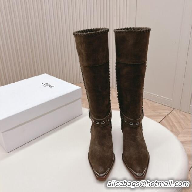 Best Grade Celine Suede High Boots 4.5cm with Buckle and Braided Trim Grey 1223104