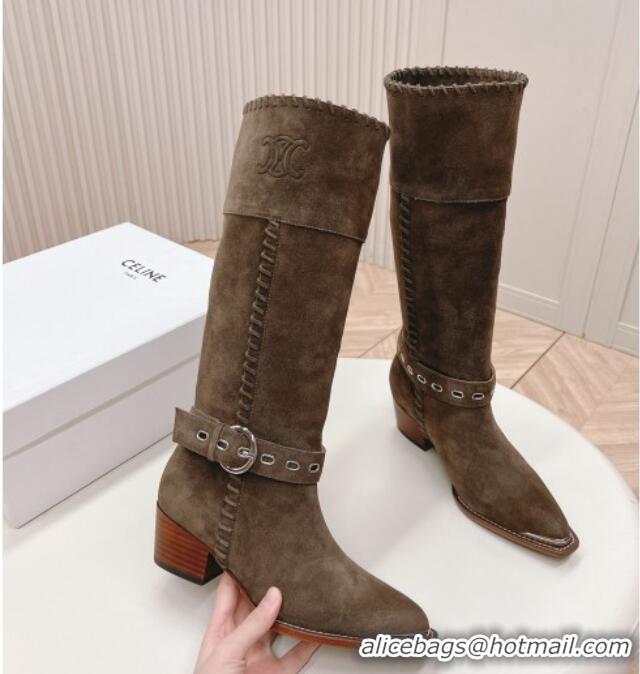 Best Grade Celine Suede High Boots 4.5cm with Buckle and Braided Trim Grey 1223104