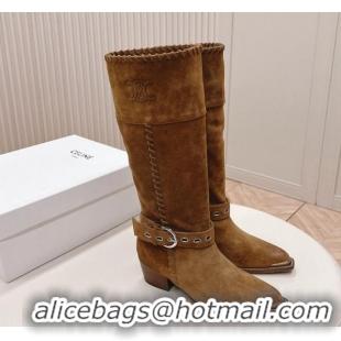 Best Product Celine Suede High Boots 4.5cm with Buckle and Braided Trim Light Brown 223105