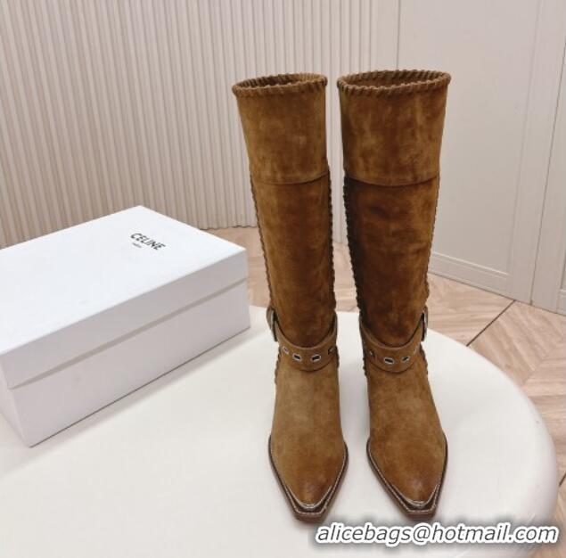 Best Product Celine Suede High Boots 4.5cm with Buckle and Braided Trim Light Brown 223105