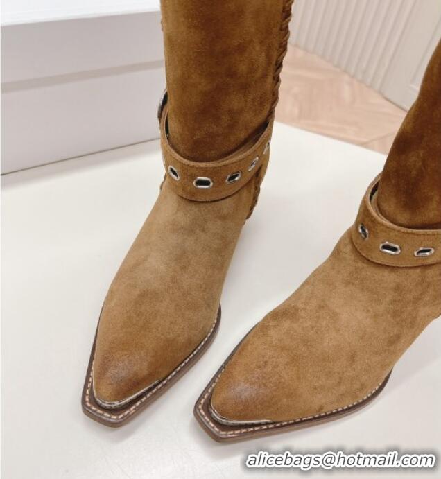 Best Product Celine Suede High Boots 4.5cm with Buckle and Braided Trim Light Brown 223105