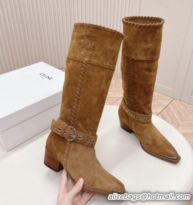 Best Product Celine Suede High Boots 4.5cm with Buckle and Braided Trim Light Brown 223105