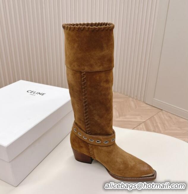 Best Product Celine Suede High Boots 4.5cm with Buckle and Braided Trim Light Brown 223105