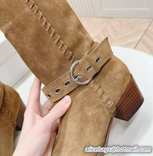 Best Product Celine Suede High Boots 4.5cm with Buckle and Braided Trim Light Brown 223105