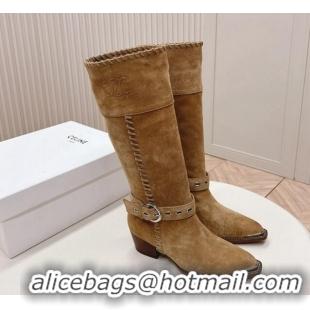 Low Cost Celine Suede High Boots 4.5cm with Buckle and Braided Trim Dark Beige 1223106