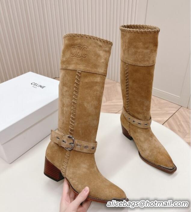 Low Cost Celine Suede High Boots 4.5cm with Buckle and Braided Trim Dark Beige 1223106