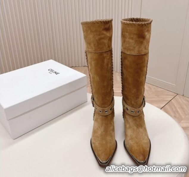 Low Cost Celine Suede High Boots 4.5cm with Buckle and Braided Trim Dark Beige 1223106