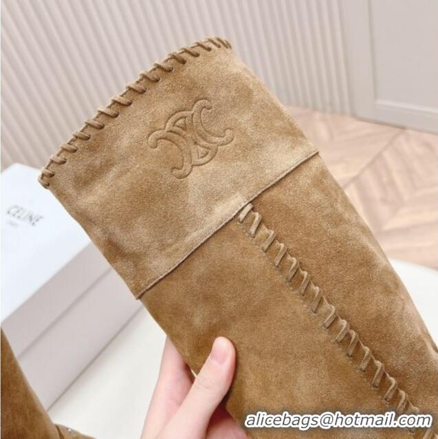 Low Cost Celine Suede High Boots 4.5cm with Buckle and Braided Trim Dark Beige 1223106